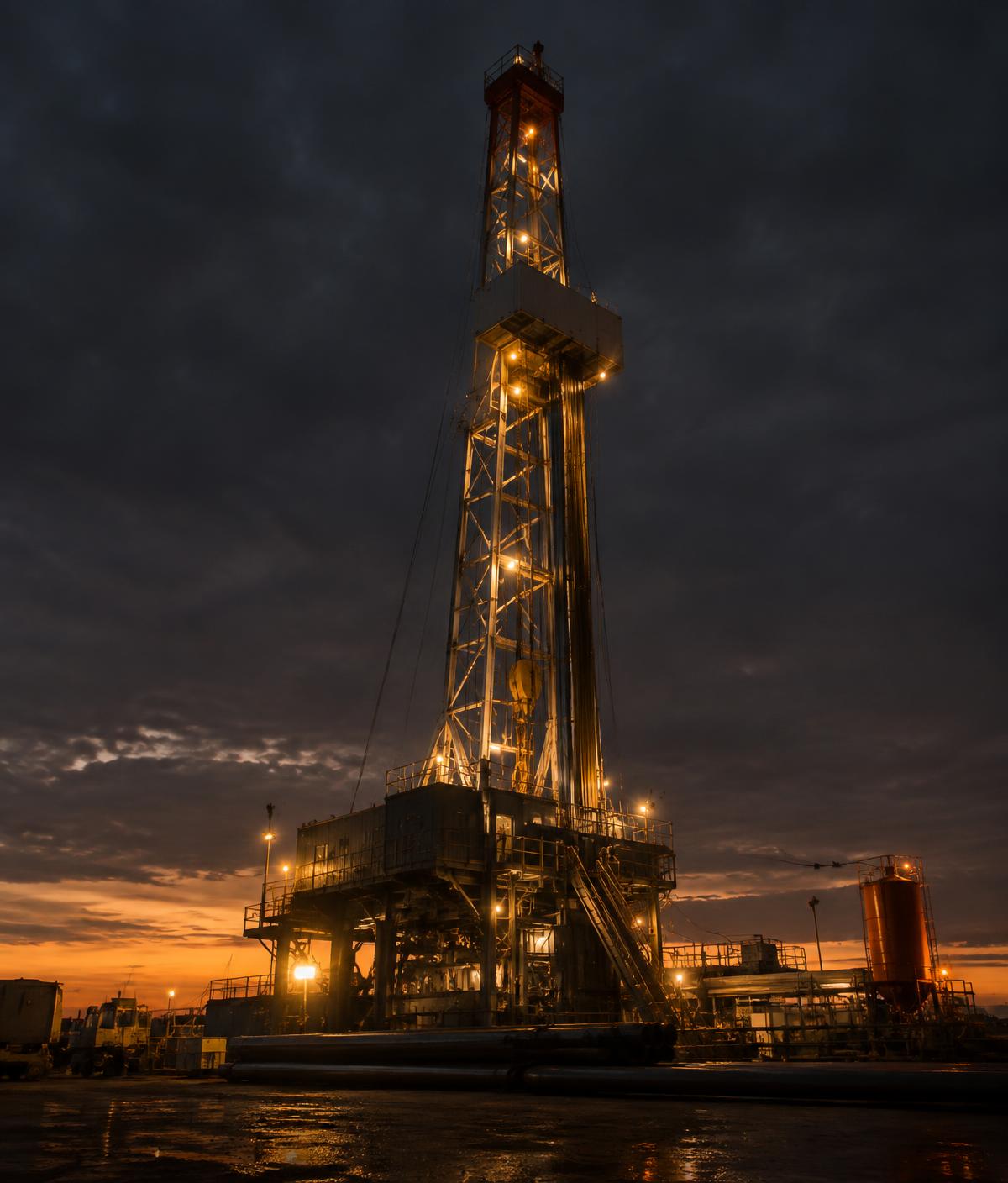Land drilling rig derrick at dusk