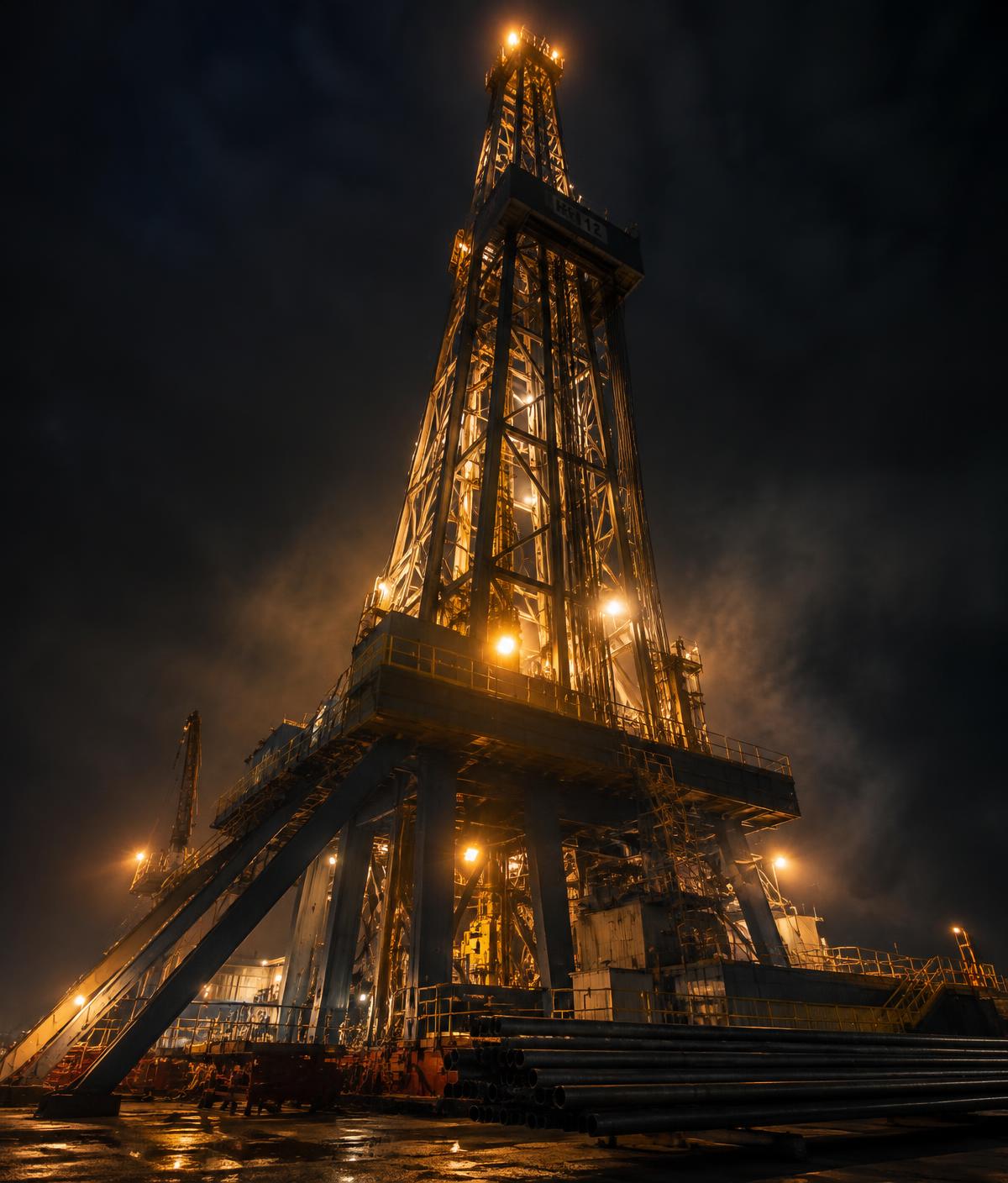 Heavy deep-drilling rig illuminated at night