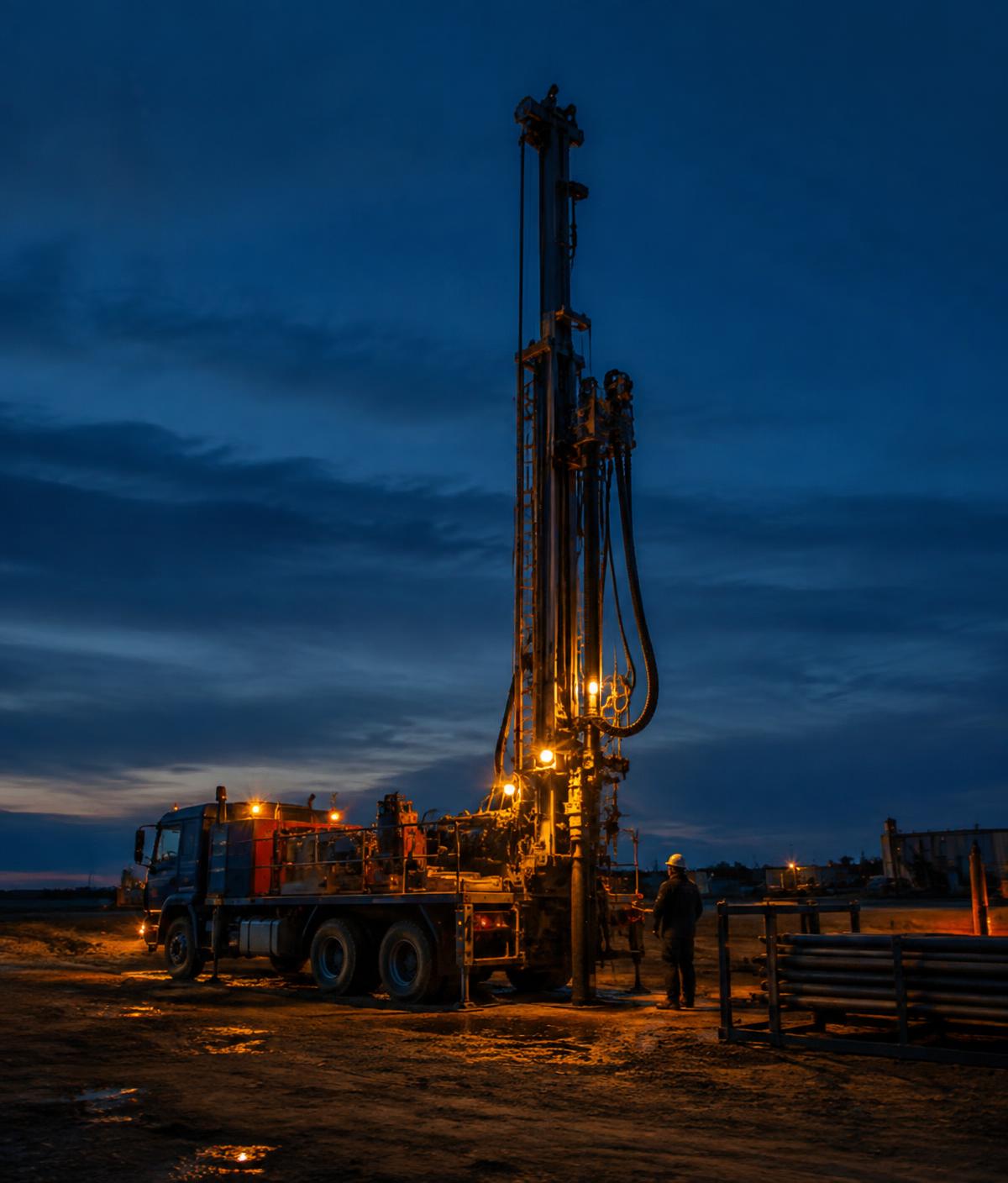 Truck-mounted workover rig on an onshore well pad